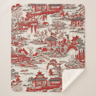 Manta Sherpa China Garden Tee House Chinoiserie - Red and White
