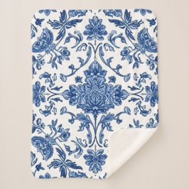 Manta Sherpa Chinoisería Floral Azul Acuarela Blanca