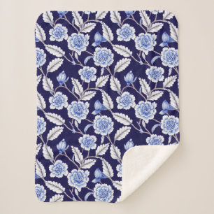 Manta Sherpa Chinoiserie Delft Blue Floral Porcelana Patrón