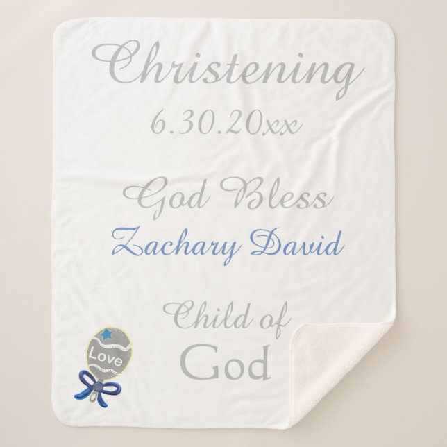 Manta Sherpa Christening Baby Boy Blue Rattle Medium (Anverso)