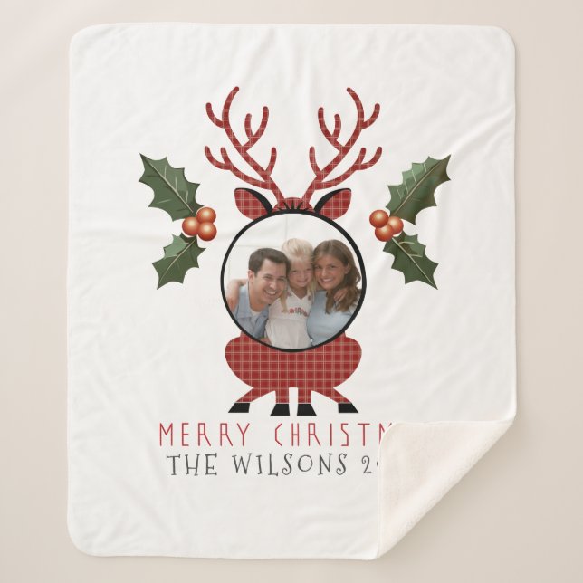 Manta Sherpa Christmas Plaid Reindeer with Personalized Photo (Anverso)