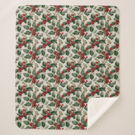 Manta Sherpa Christmas Red Berry Holly On Faux Linen