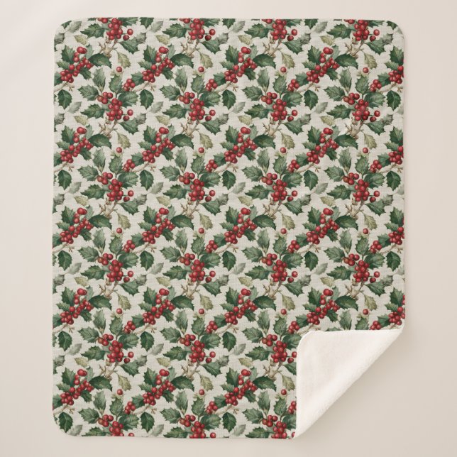 Manta Sherpa Christmas Red Berry Holly On Faux Linen (Anverso)