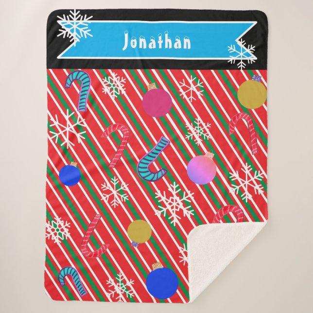 Manta Sherpa Christmas Stripes Candy Canes Ornaments Name (Anverso)