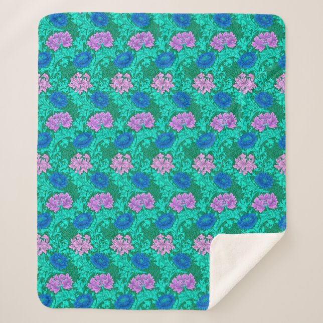 Manta Sherpa Chrysanthemums, Aqua y Violet (Anverso)