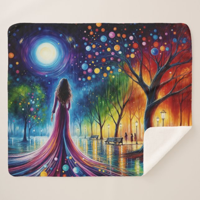 Manta Sherpa Cielo nocturno mágico con orbitas brillantes linte (Anverso (horizontal))