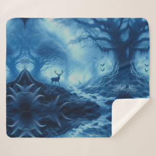 Manta Sherpa Ciervo en bosque oscuro de neblina azul