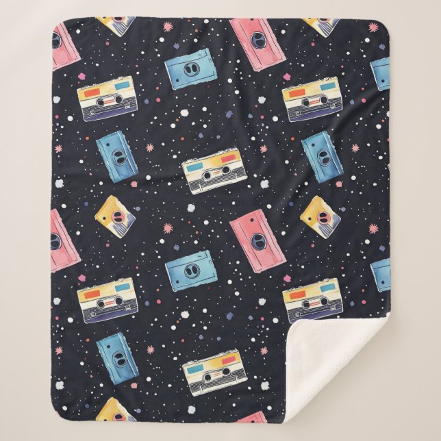 Manta Sherpa Cintas de cassette retro en espacio cósmico (Anverso)