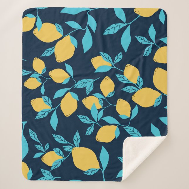 Manta Sherpa Citro simple: limones en azul. (Anverso)