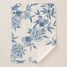 Manta Sherpa Clásico Toile Floral Azul Patrón Acuarela Blanco