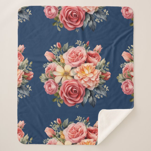 Manta Sherpa Classic Pink Roses Floral on a Blue Background (Anverso)