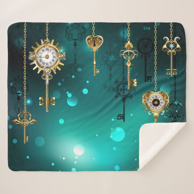 Manta Sherpa Claves de esqueleto antiguas sobre fondo verde (Anverso (horizontal))