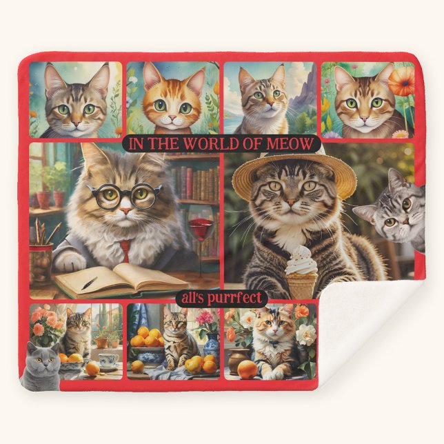 Manta Sherpa Collage de arte divertido Feel Good Cat (Delightful Sherpa blanket featuring a cat art collage)