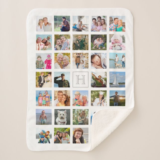 Manta Sherpa Collage de fotos Monograma Gris blanco (Anverso)