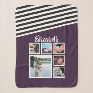 Manta Sherpa Collage de fotos personalizado morado rayado único