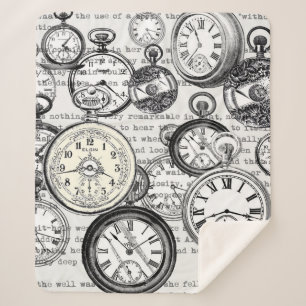 Manta Sherpa Collage de reloj de bolsillo victoriano Alicia en