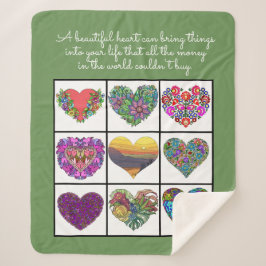 Manta Sherpa Collage of Painted Hearts (on green), with Quote