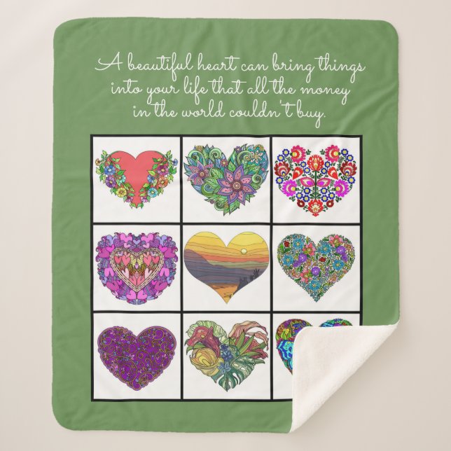 Manta Sherpa Collage of Painted Hearts (on green), with Quote (Anverso)