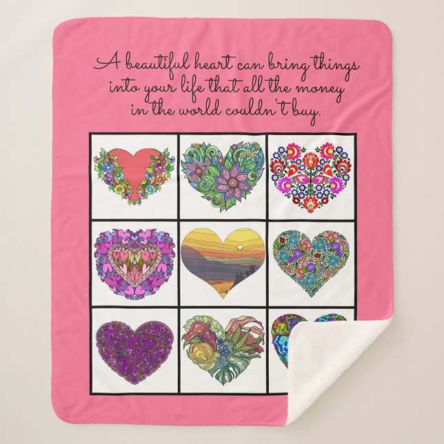 Manta Sherpa Collage of Painted Hearts (on pink), with Quote (Anverso)