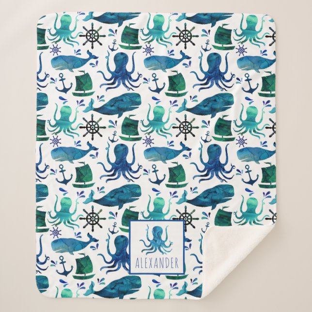 Manta Sherpa Color Náutico Azul Bajo El Opulpo Marítimo (Anverso)