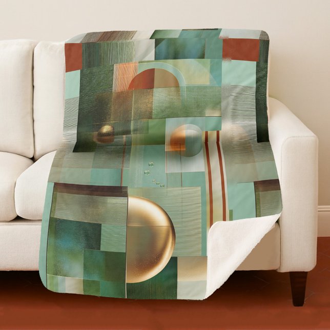 Manta Sherpa Colorful Abstract Modern Art Pattern (Sherpa blanket featuring a modern abstract design in green, teal and gold)