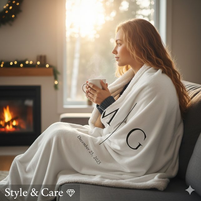 Manta Sherpa con Fecha y Monograma Personalizados  (Elegant Personalized Monogram Date Sherpa Blanket Gift)