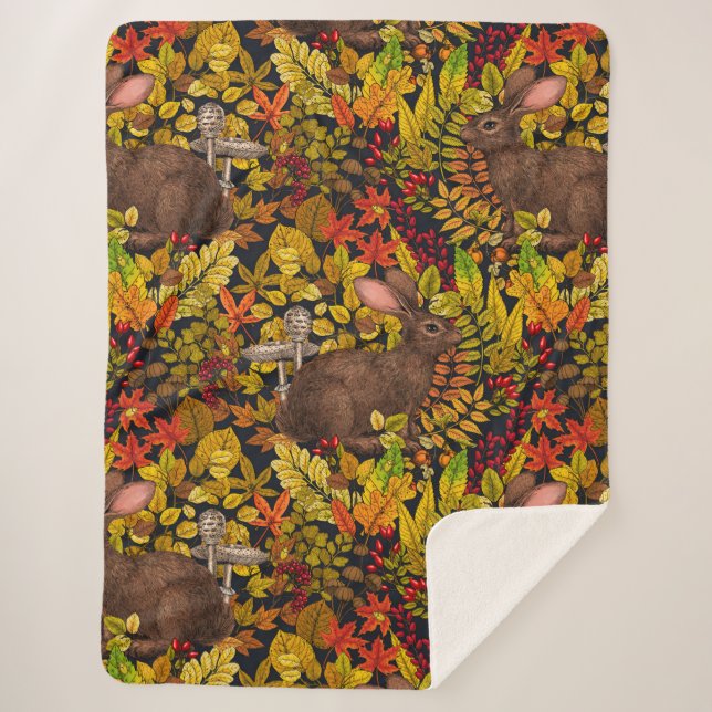 Manta Sherpa Conejo otoñal sobre negro (Anverso)
