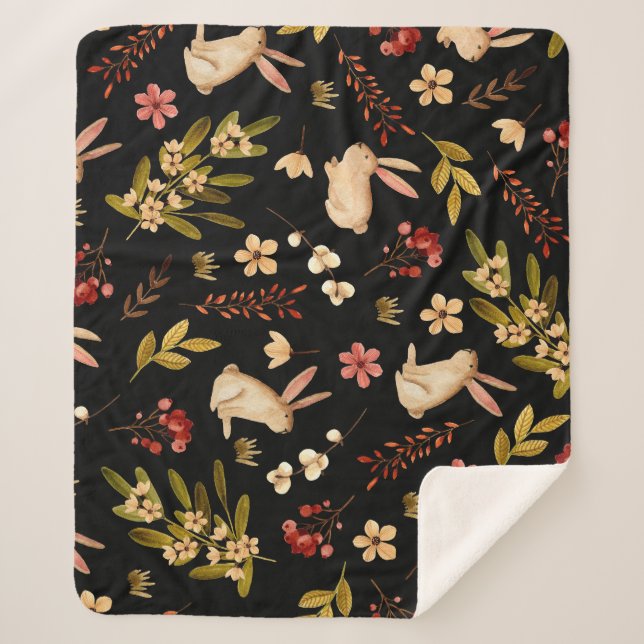 Manta Sherpa Conejos Cutos: Patrón de acuarela dibujado a mano (Anverso)