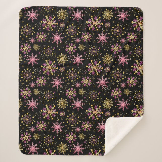 Manta Sherpa Copos de nieve dorados y negros en invierno (Anverso)