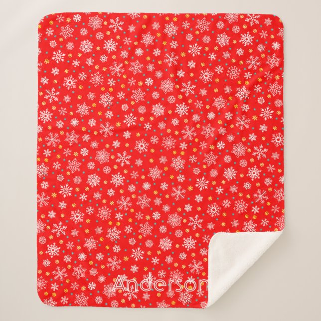 Manta Sherpa Copos de Nieve Rojos Elegante Nombre Personalizado (Anverso)