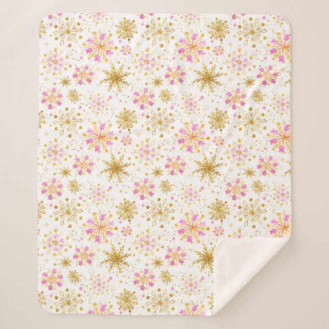 Manta Sherpa Copos de nieve rosa y dorada (Anverso)