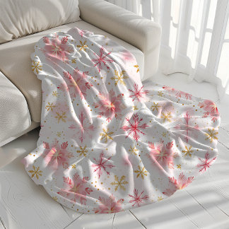 Manta Sherpa Copos de nieve rosa y dorado minimalistas