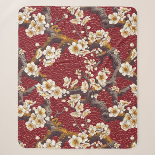 Manta Sherpa Coral Crema Flor de Ciruelo Japonés Patrón Burgund