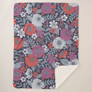 Manta Sherpa Coral, magenta y azul de zinnias florales