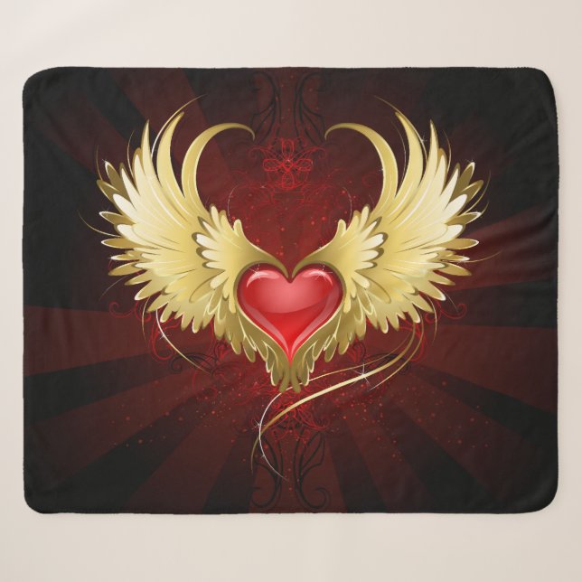 Manta Sherpa Corazón Rojo con Alas Doradas (Anverso (horizontal))