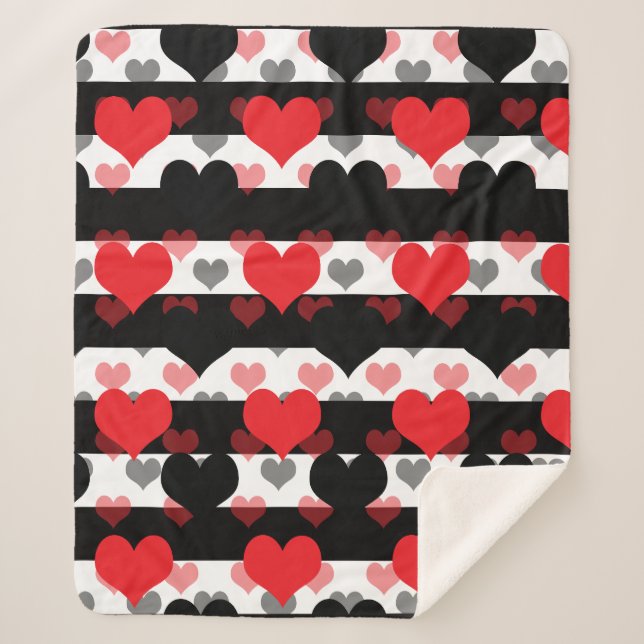 Manta Sherpa Corazones de amor negros rojos con franjas blancas (Anverso)