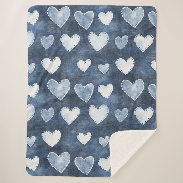 Manta Sherpa Corazones de denim azules (Anverso)