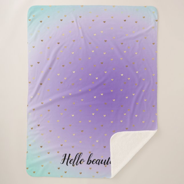 Manta Sherpa Corazones de oro de Aqua Ombre Púrpura (Anverso)