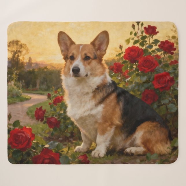 Manta Sherpa Corgi en las Rosas II (Anverso (horizontal))