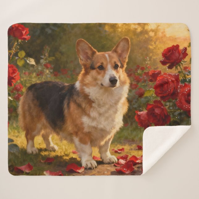 Manta Sherpa Corgi en las Rosas V (Anverso (horizontal))