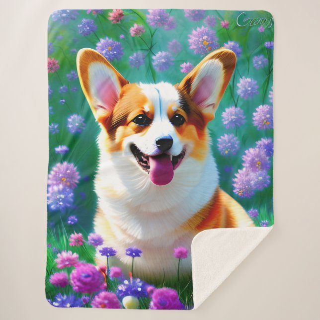 Manta Sherpa Corgi floral (Anverso)
