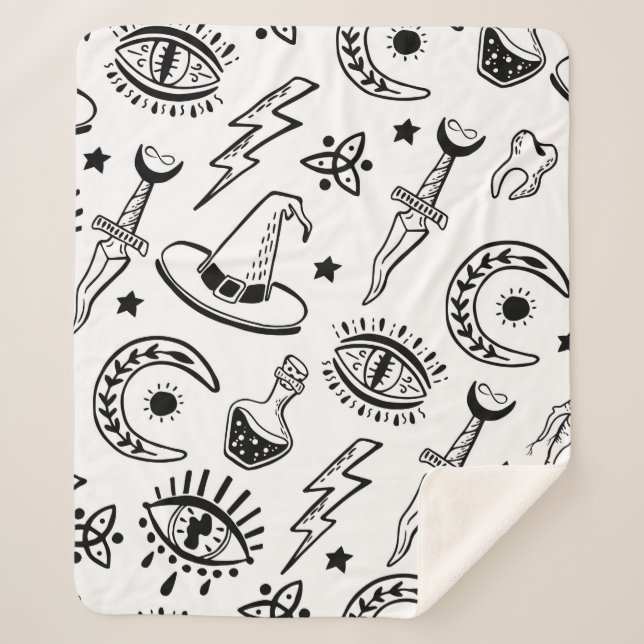 Manta Sherpa Cosas mágicas, dibujo de tinta sobre fondo blanco. (Anverso)