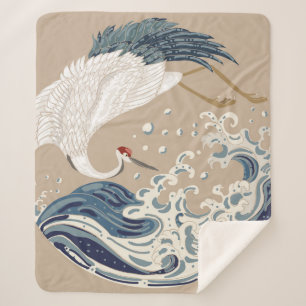 Manta Sherpa Crane and Japanese wave illustration. Traditional 