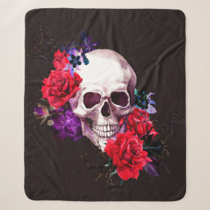 Manta Sherpa Cráneo con ramas de flores oscuras y mar de rosas