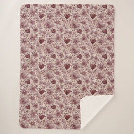 Manta Sherpa Cream Burgundy Red Hearts Flowers