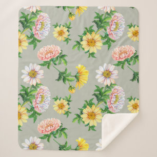 Manta Sherpa Crisantemo acuarela, patrón floral sin fisuras