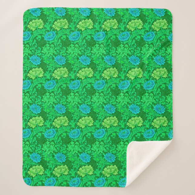 Manta Sherpa crisantemos William Morris, verde lima y aqua (Anverso)