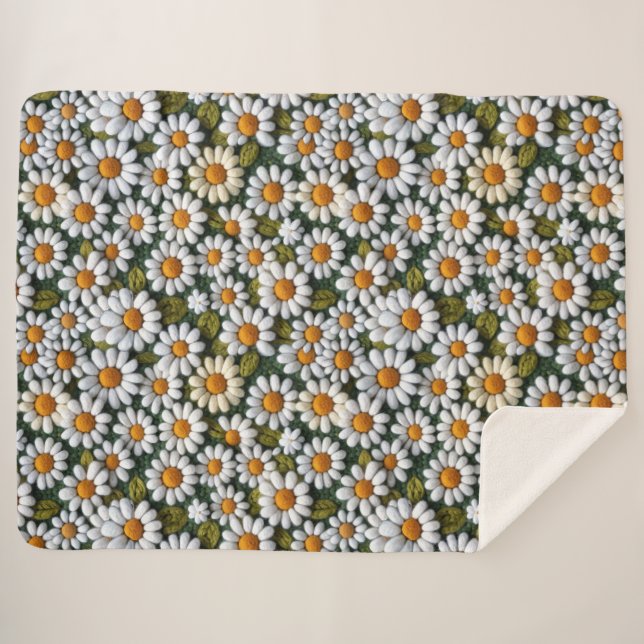 Manta Sherpa Crochet White Daisies Spring Wildflowers (Anverso (horizontal))