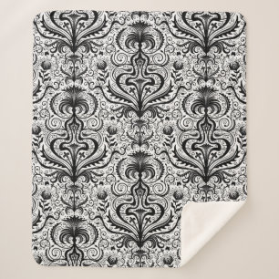 Manta Sherpa Cuaderno floral de Damasco negro de lujo elaborado