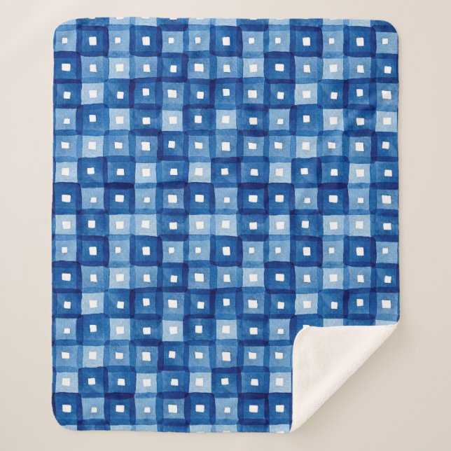 Manta Sherpa Cuadrados Azules, Mosaico Seamless Watercolor. (Anverso)